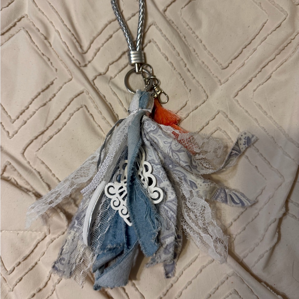 Boho Lace & Denim Tassel Keychain - Blue